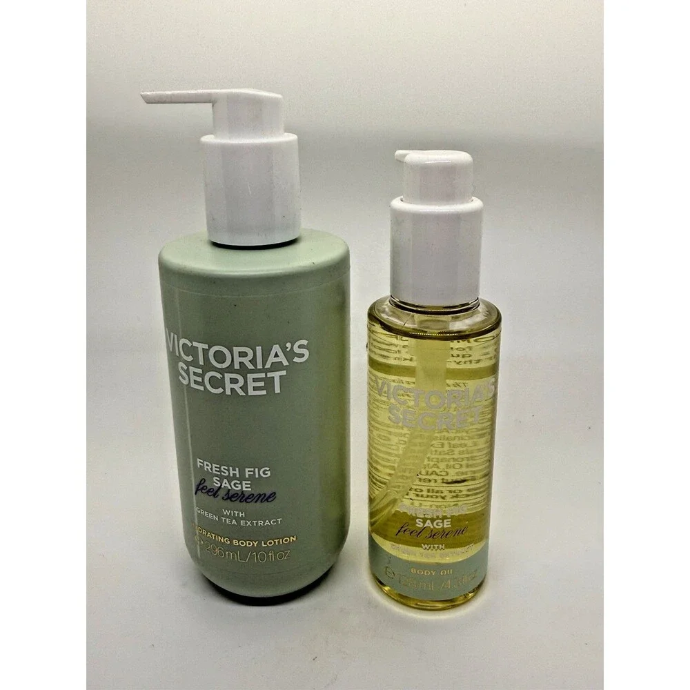 Victoria’s Secret Fresh Fig Sage Green Tea Body Oil 4.3 oz & Lotion 10oz Set New